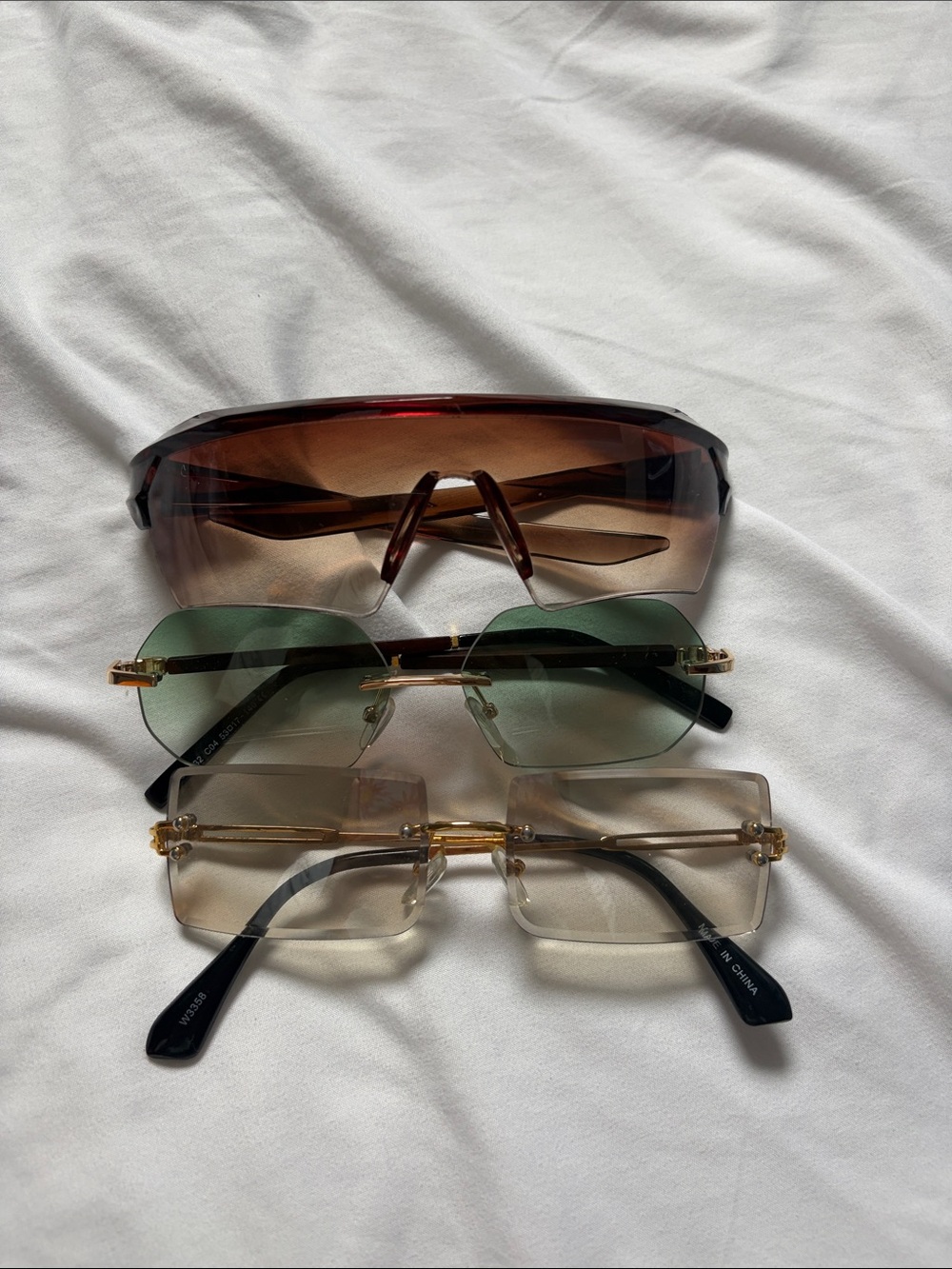 Men's Rimless Rectangle Sunglasses - Brown/Green Gradient Lenses